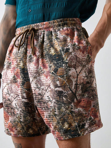 Men's Beach Shorts With Natural Tree Printing In Brown