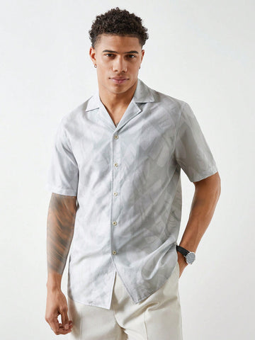 Men's Beige Symmetrical Printed Short Sleeve Shirt In Seersucker Texture