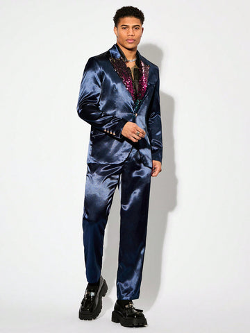 Men Business Casual Glitter Party Nightclub Suit Featuring Woven Color-Blocking And Sequin Details, Jacket And Pants Two-Piece Set, Fashion Men Clothes