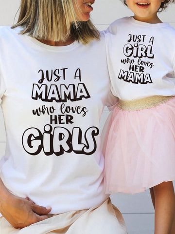 Young Girl 1pc Casual Letter Slogan Pattern Printed Short Sleeve T-Shirt Mommy And Me Matching Outfits ,2 Pieces Are Sold Separately