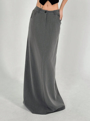 Women Low-Waist Gray Simple Street Style Maxi Skirt With Pockets