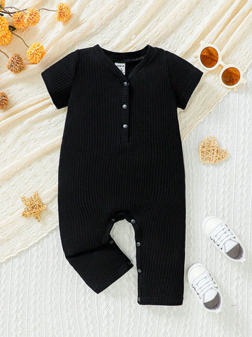Black Short-Sleeved Bodysuit With Full Snap Placket And V-Neck - Soft, Comfortable, Simple Basic For Baby Girl - 93% Cotton - Matching Outfit With Mom