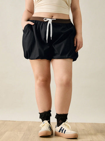 Plus Size Women Casual Color Block High Waist Bubble Shorts For Summer