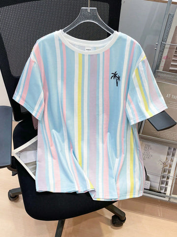 Tween Boys Extended Size Casual Colorful Striped & Printed Pattern Round Neck Short Sleeve Loose Knitted T-Shirt