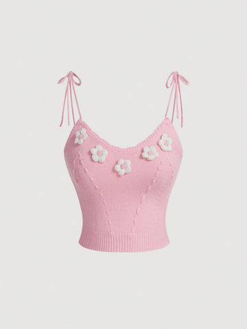 Casual Knitted Top With Shoulder Straps & Front Floral Decoration