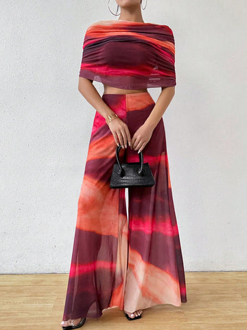 Women Tie-Dye Mesh Pleated Crop Top And Wide Leg Pants Two-Piece Set For Spring/Summer