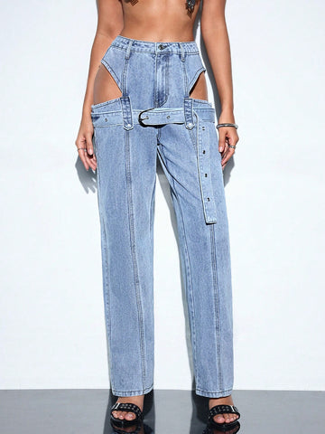 Light Blue Washed Hollow Out Buckle Detail Seam Front Jeans