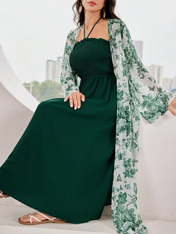 Women\ Shirred Bodice Halterneck Dress And Floral Print Bell Sleeve Jacket 2-Piece Set