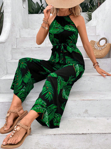 Tropical Print Halter Neck Jumpsuit, Summer Vacation Outfit