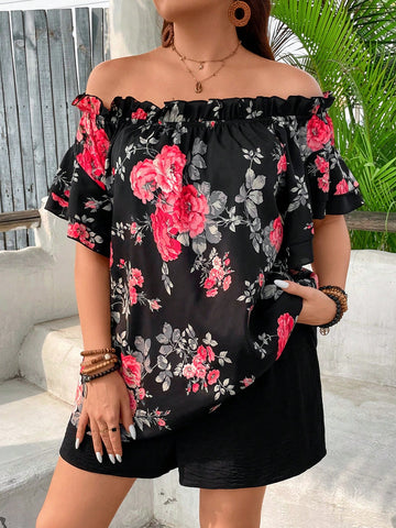 Plus Size Floral Print Holiday Style Off-Shoulder Ruffle Trim Shirt And Shorts Set For Summer
