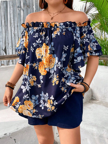 Plus Size Vacation Style Floral Printed Off Shoulder Ruffle Trim Blouse And Shorts Set For Summer