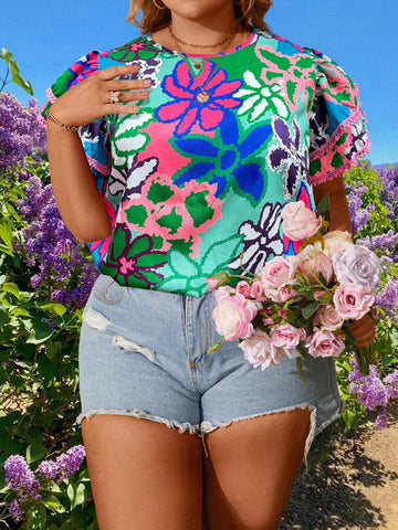 Plus Size Round Neck Flower Print Vacation Style Short Sleeve Shirt For Spring And Summer