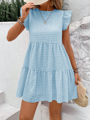 Women Solid Color Ruffle Armhole Tiered Hem Dress For Summer