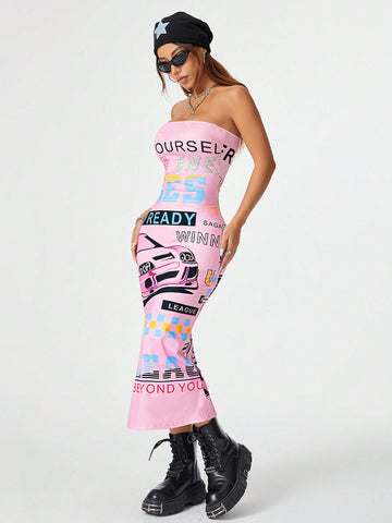 Women Summer Slim Fit Strapless Dress With Letter And Car Print