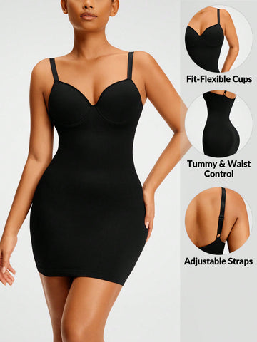Seamless Cupped Cami Shapewear Slip Dress With Adjustable Straps-Tummy Waist Control