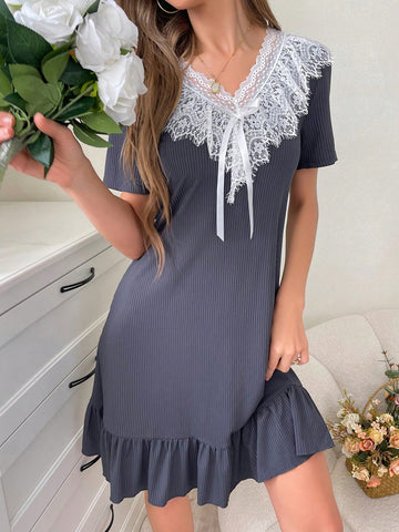 Women Fashionable Short Sleeve Lace Splice Sleep Dress With Ruffle Trimmed Neckline