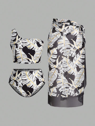 Plus Size Women Vacation Tropical Plant Printed One Shoulder Sleeveless Top And Triangle Bikini Set With Cover-Up Skirt