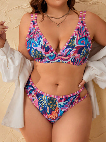 Summer Beach Plus Size Women Tropical Plant Printed Minimalist Fashion Bikini Swimwear Set For Vacation
