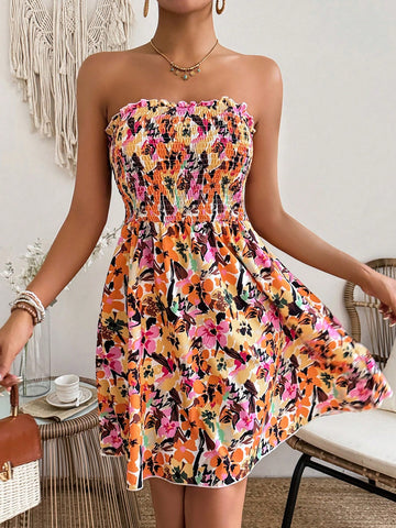 Women Printed Strapless Summer Dress With Floral Design