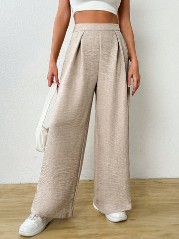 Women Solid Color Pleated Wide Leg Loose Casual Pants