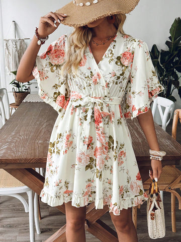 Women Summer Vacation Style Floral Printed Overlapping V-Neck Ruffled Short Dress