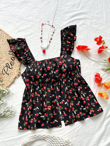 Vacation Strawberry Print Cap Sleeve Blouse