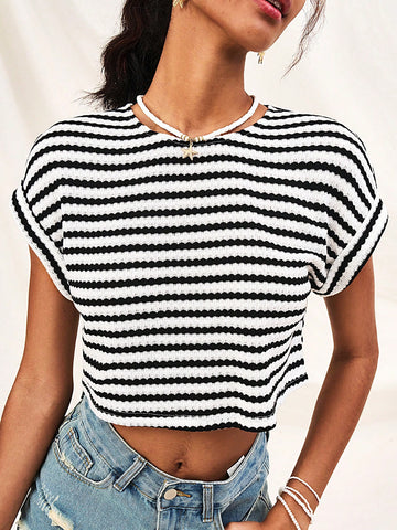 Women Short Sleeve Colorblock Striped Batwing Cropped T-Shirt For Summer Holiday And Leisure