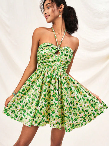 Holiday Halter Neck Tie Knot Hollow Out A-Line Floral Dress