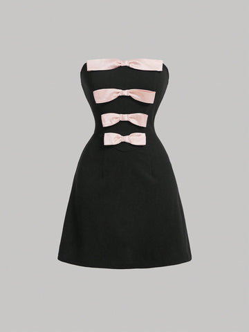 Women's Romantic Black And Pink Color Block Strapless Dress With Bow Decoration