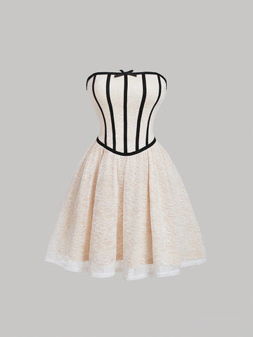 Lace Contrast Faux Bone Sticker & Bowknot Decorated Women's Strapless Dress With Lace-Up Back