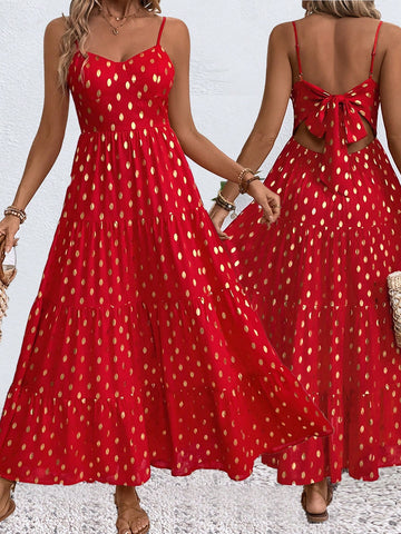 Holiday & Leisure Spaghetti Strap Dress With Gold Dots & Backless Design & Long Swing Hemline