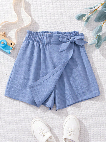 Self-Tie Solid Baby Blue Color Loose Fit Casual Mini Skirt Shorts