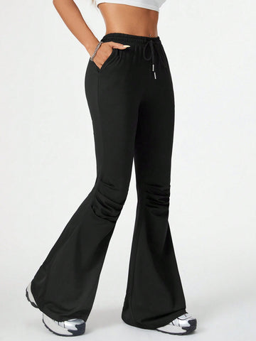 Deconstructed Dark Cargo Low-Waist Knitted Flare Pants With Knee Pleats For Women