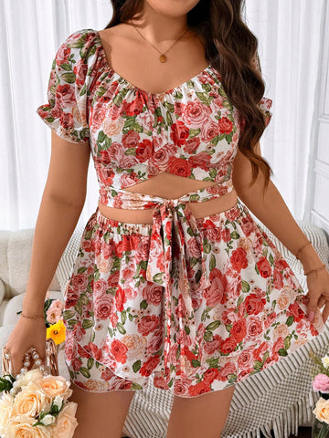 Plus Size Vacation Style Floral Print Bubble Sleeve Peplum Top And Skirt Set With Knot Design Front Summer Short Sets