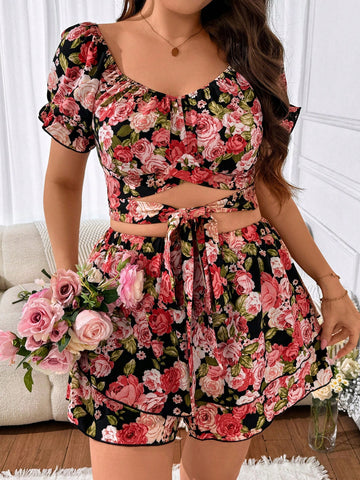 Plus Size Casual Floral Strappy Crop Top And Shorts Set For Summer