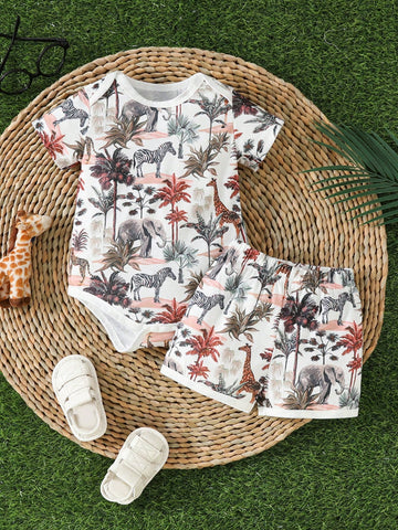 Baby Boy Beach Holiday Leisure Short Sleeve Animal & Plant Print Bodysuit & Shorts Set