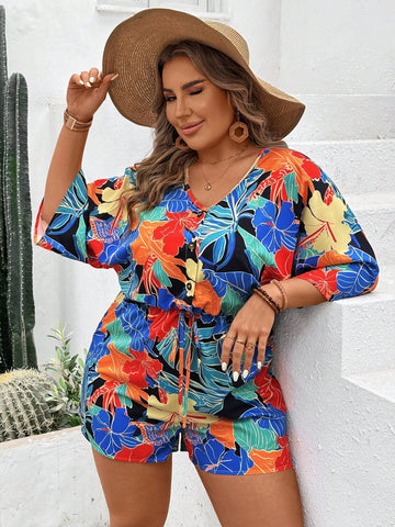 Plus Size Tropical Print V-Neck Batwing Sleeve Romper With Drawstring Waist For Summer Holiday