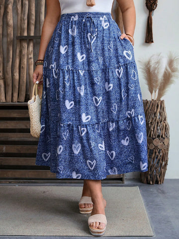 Plus Size Women's Denim-Look Heart Print Elastic Waist Slanted Pocket Loose Summer Mom Skirt