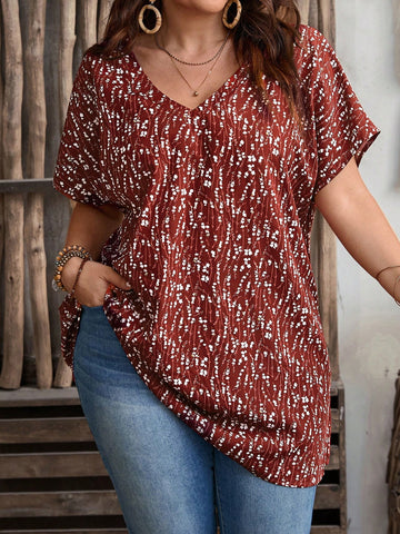 Plus Size Vacation Style Floral Print V-Neck Batwing Sleeve Shirt For Summer