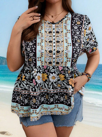Plus Size Summer Holiday Black  Floral Print Women Beach Festival Casual Shirt