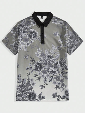 Men Breathable And Lightweight Woven Boho Casual Beach Vacation Floral Plant Pattern Short Sleeve Polo Shirt For Summer