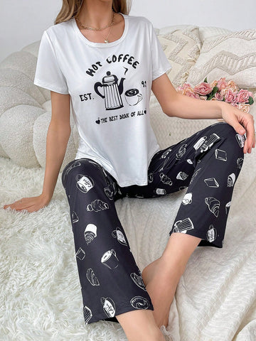 Standard Size Coffee Pot & Bread Print Round Neck Leisure Women Pajama Set