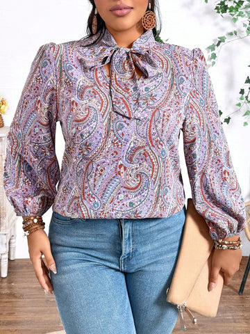 Plus Size Printed Lantern Sleeve Shirt With Tie Front