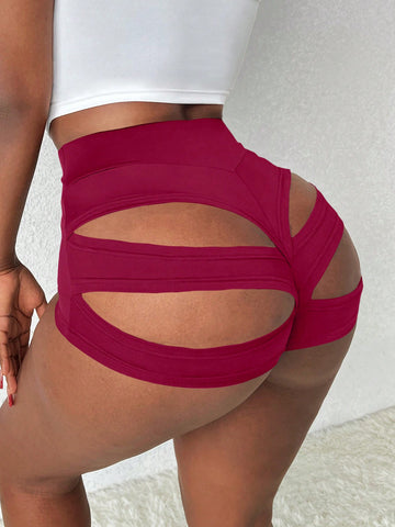 Women Solid Color Hollow Out Sexy Short Shorts Exposing Buttocks