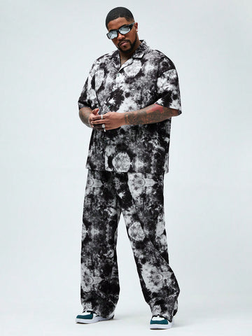 2pcs Men Plus Size Tie-Dye Printed Short Sleeve Casual Shirt And Pants Set