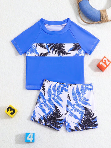 Baby Boy Fashionable Contrast Leaf Print Top & Shorts Beach Vacation Summer Two-Piece Swimsuit