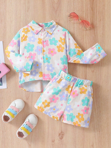 Young Girls Solid Color Simple Style Print Shirt And Shorts 2-Piece Set