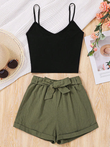 Summer Knitted Ribbed Camisole Vest And Woven Shorts Casual 2pcs/Set