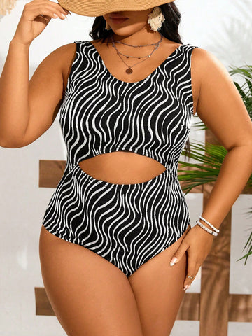 Plus Size Women's Hollow Out Ribbed Stripes Pattern One Piece Swimsuit For Summer Beach Vacation