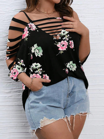 Plus Size Casual Flower Printed Hollow Out Loose T-Shirt For Summer